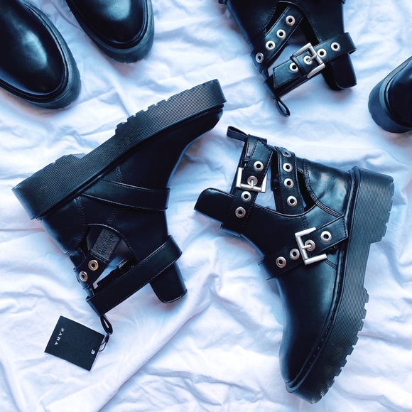 Zara Shoes - Zara Black Biker Ankle Boots With Cut Outs